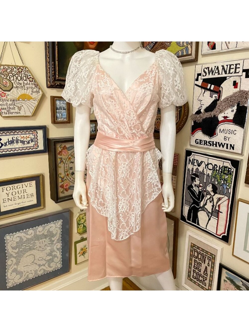 90s Vintage Zum Zum Pink & White Lace Puff Sleeve Dress Size 13/14